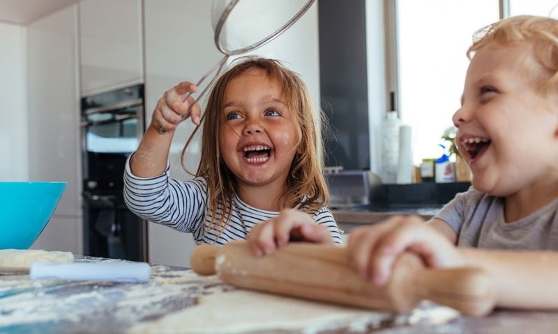 Kids in the kitchen enjoying activities with GMHBA and Geelong Cats Healthy Heroes