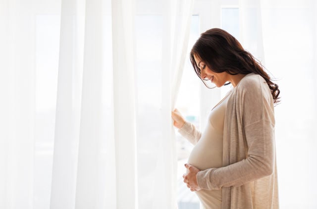 Pregnanct lading holding her belly in front of window