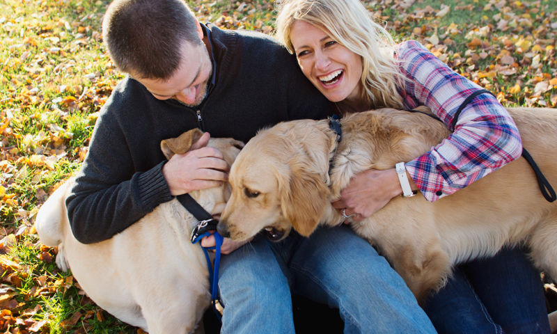 Couple cuddling their dog on the ground